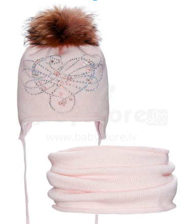 Nikola Handmade Art.17Z18K Bērnu ziemas vilnas cepure ar pomponu  + šalle (48-50 izm.)Roza\Balta\beige