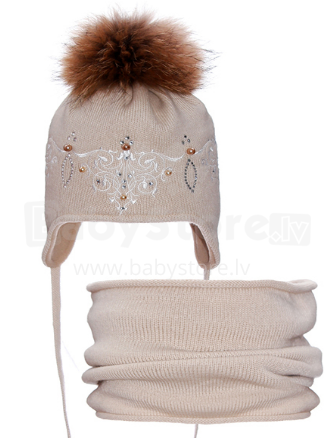 „Nikola Handmade Art.17Z05K“ vaikiška žieminė vilnos kepurė su pomponu + šaliku (46–48 dydžiai)
