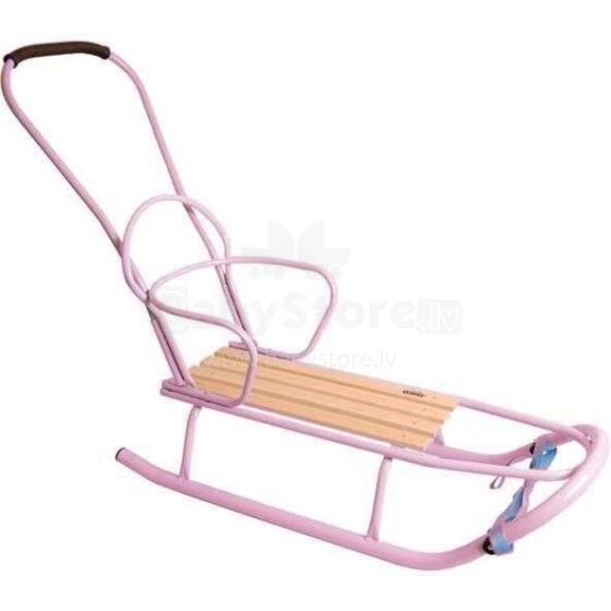 TAKO „Grand Light Pink“ vaikų medinės rogės su patvariu rėmu, atlošu, stumiama rankena ir diržu vilkimui