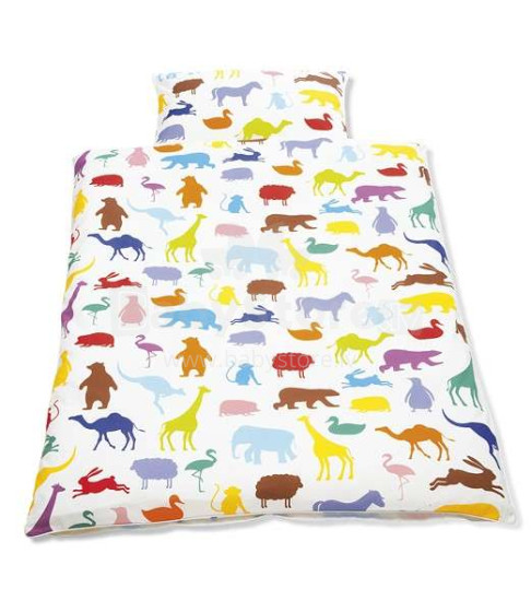 Pinolino „Happy Zoo“ art. 630529-0 Medvilninis patalynės komplektas iš 2 dalių viršutinio paklodės + pagalvės užvalkalas 100x135 / 60x40 cm
