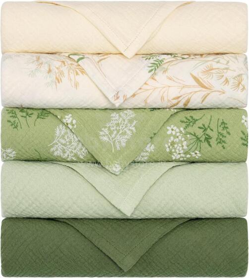 Yukkidds Muslin Cloths Art.1017 Green Leaf  Aukščiausios kokybės muslino vystyklai iš bambuko, 5 vnt. (60x60 cm)