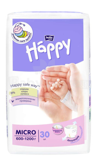 „Happy Micro Art.102241“ sauskelnės neišnešiotiems kūdikiams nuo 600-1200g, 30vnt.
