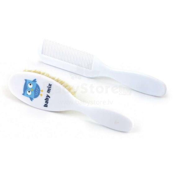 „Babymix Art.BD80046“ plaukų šukos ir šepetys su labai minkštais natūraliais šereliais „Owl White“
