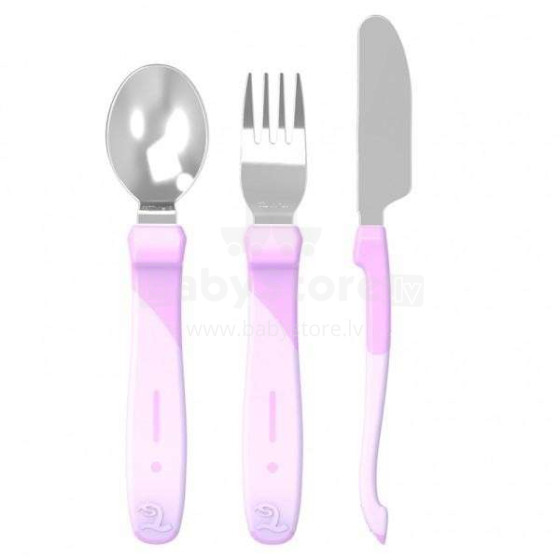 „Twistshake Learn“ stalo įrankiai. Art. 828212 Pasteliniai violetiniai stalo įrankių rinkinio šaukštas, šakutė ir peilis