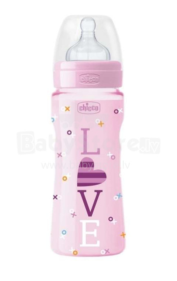 Chicco Love Edition WellBeing Art.09563.00 Pink  Bērnu plastmasas fizioloģiskā pudelīte ar silikona knupīti ,330ml