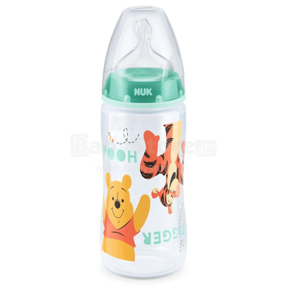 Nuk First Choice Disney Winnie Green Art.SD43 Пластмассовая бутылочка с широким горлышком и соской из силикона 1 размера для смесей (0-6 мес.) 300мл