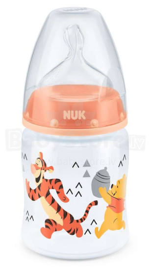 Nuk First Choice Disney Winnie Orange Art.SD44 Plastmasas pudele ar platu kakliņu un 1.izmēra silikona knupīti pienam (0-6 mēn.) 150 ml