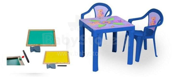 3toysmc Art.ZMT set of 2 chairs, 1 table and 1 bilateral wooden board blue комплект из 2 стульев, 1 стола и 1 двусторонней деревянной доски