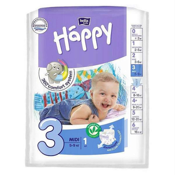 Happy Midi Детские подгузники 3 размер от 5-9 кг,1 шт.