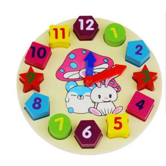 „BebeBee“ geometrinis laikrodis. Art. 500270 Mokomasis medinis žaislų laikrodis