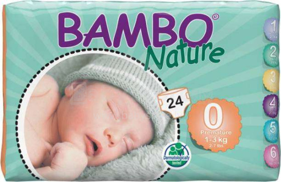 Bambо Nature Priešlaikinis menas. BAMB3100 Vaikiškos sauskelnės 0 dydis nuo 1-3kg, 24vnt.