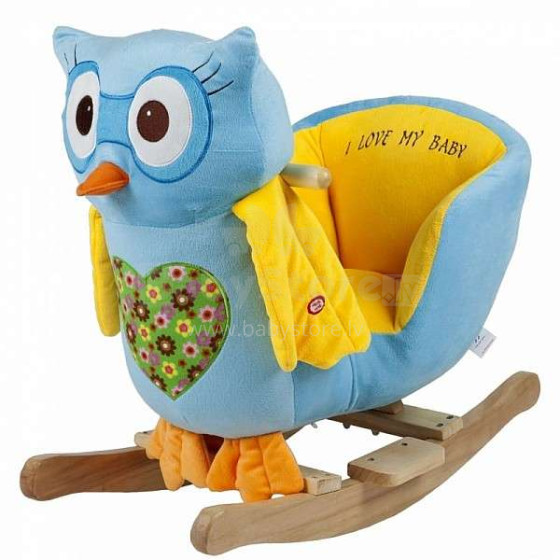 „Babygo Owl Blue Rocker“ pliušinio gyvūno kūdikio medinės sūpynės - su muzika