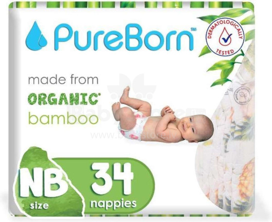 Pureborn NB Organic Bamboo Art.121308 Ekoloģiskās autiņbiksītes  NB izmērs no 0-4.5 kg, 34 gab.