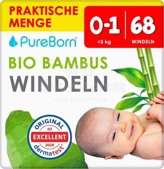 Pureborn Organic Bamboo Art.121308 Ekologiškos sauskelnės iš bambuko pluošto 1 dydis nuo 0-5 kg,68 vnt.
