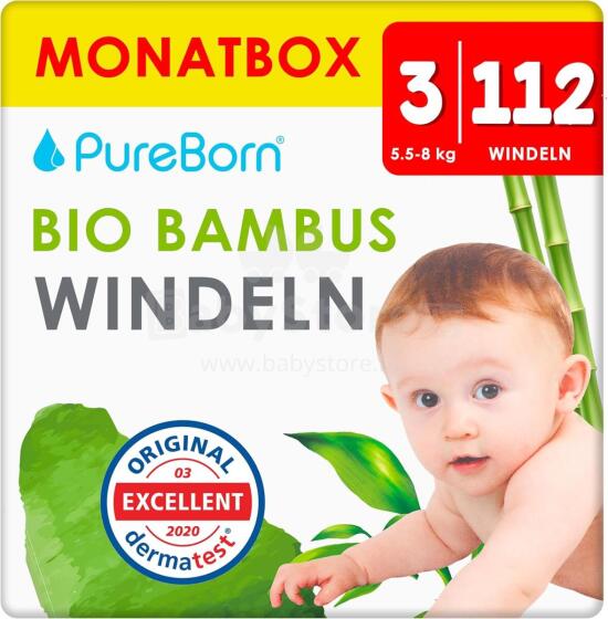 Pureborn Single 3 organinis bambuko menas. 121310 Ekologiškos sauskelnės iš 3 dydžio bambuko pluošto, 5,5–8 kg