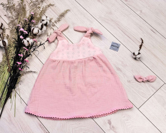 Baby Love Muslin Dresses Art.132815 Pink Детское муслиновое  платье на завязочках