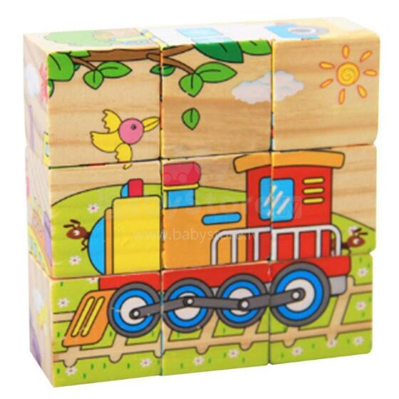 Ikonka Art.KX7878_2 Edukaciniai mediniai dėlionės blokai Transporto priemonės 9el.
