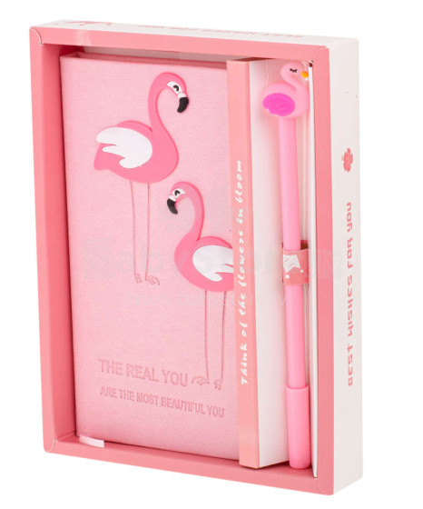 Ikonka Art.KX7424 Užrašų knygutė su rašikliu, flamingo dovanų rinkinys