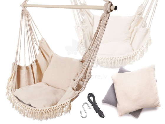 Ikonka Art.KX5852 Brazilian hammock chair with cushions ecru tassels metal headband