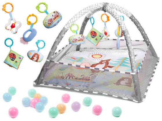 Ikonka Art.KX5873_1 Mokomasis kilimėlis su kaladėlėmis Žaislinis kilimėlis su kamuoliukais pilkos spalvos