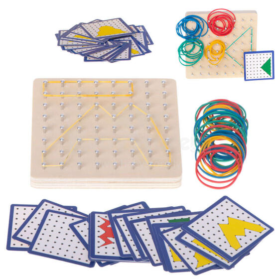 Ikonka Art.KX5177 Geoboard Geoplan medinė dėlionė, kurianti figūras su gumytėmis