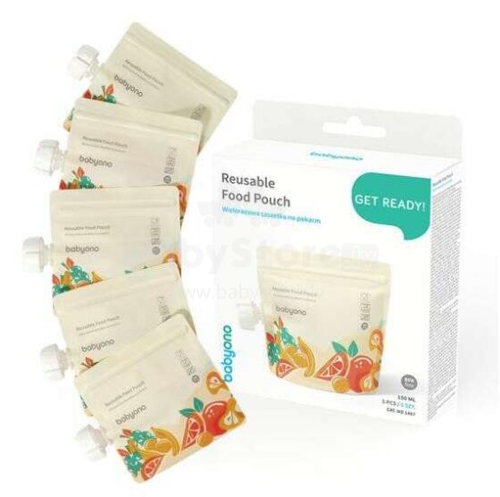 BabyOno Art.1407 Daugkartinio naudojimo MAISTO PAKETELĖLIAI 150ML 5 Vnt
