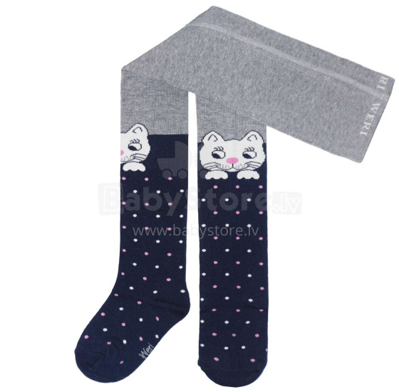 Weri Spezials Children's Tights White Cat on the Knee Navy and Grey ART.SW-1384 High quality children's cotton tights for gilrs