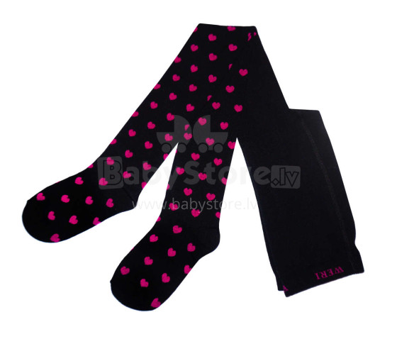 Weri Spezials Children's Tights Hearts Black and Pink ART.WERI-5551 High quality children's cotton tights for girls