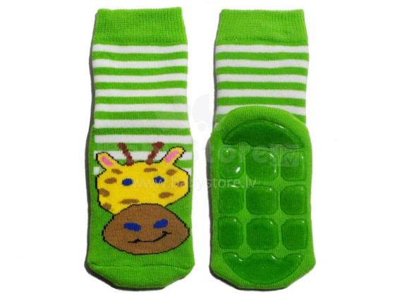 Weri Spezials Children's Non-Slip Socks Giraffe and Stripes Green ART.SW-1975 High quality children's socks made of cotton with non-slip coating