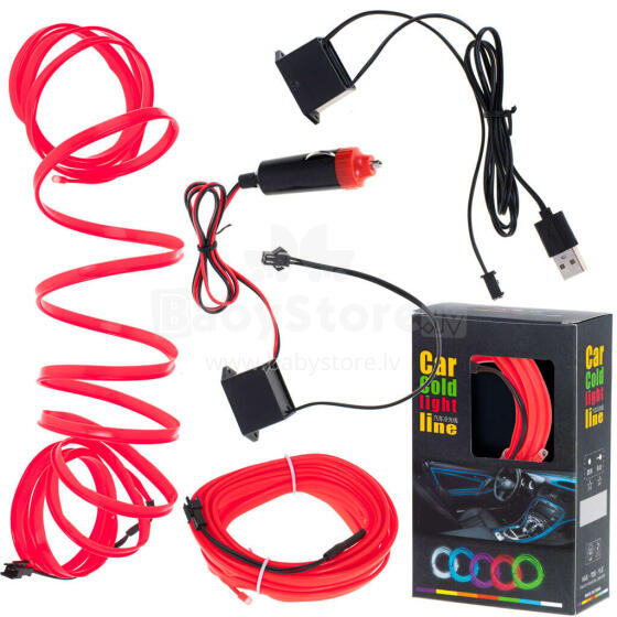 Ikonka Art.KX4955 LED aplinkos apšvietimas automobiliui / automobilio USB / 12V juosta 5 m raudona