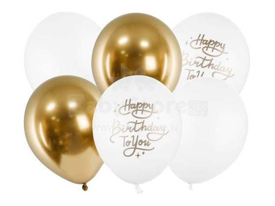 Ikonka Art.KX4556 Dzimšanas dienas baloni Happy Birthday To You zeltaini balti 30cm 6gab