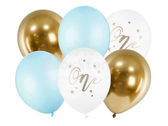 Ikonka Art.KX4555_1 Dzimšanas dienas baloni pasteļbaloni gaiši zili balti zeltaini zili 30cm 6 gab.