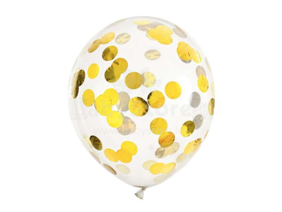 Ikonka Art.KX4554 Skaidrūs balionai su konfeti aukso spalvos apskritimais 30cm 6 vnt.