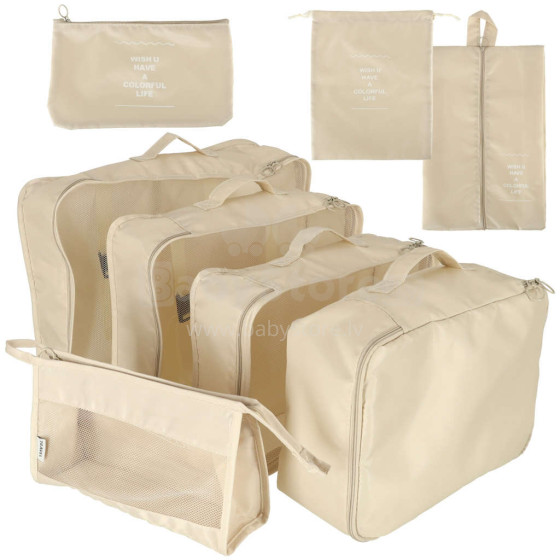 Ikonka Art.KX4110 Lagaminų organizatoriai kelionių rinkinys 8 dalių drabužių laikymo reikmenys vandeniui atsparūs krepšiai makiažo krepšys batų krepšys smėlio spalvos