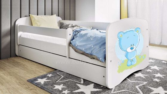 Bed babydreams white blue teddybear with drawer with non-flammable mattress 160/80