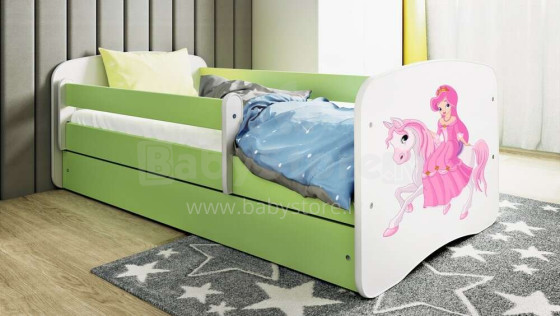 Bed babydreams green princess on horse with drawer with non-flammable mattress 140/70