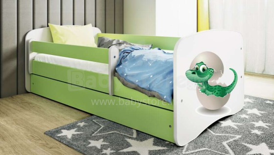 Bed babydreams green baby dino with drawer with non-flammable mattress 140/70