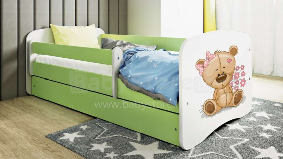 Bed babydreams green teddybear flowers with drawer with non-flammable mattress 140/70