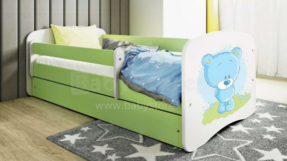 Bed babydreams green blue teddybear with drawer with non-flammable mattress 140/70