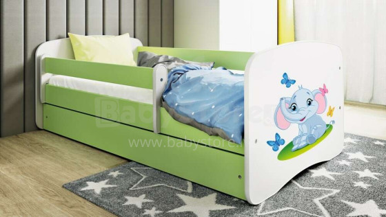 Bed babydreams green baby elephant with drawer with non-flammable mattress 180/80