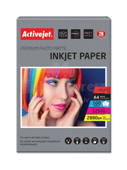Matēts fotopapīrs Activejet AP4-125M100 tintes printeriem; A4; 100 gab