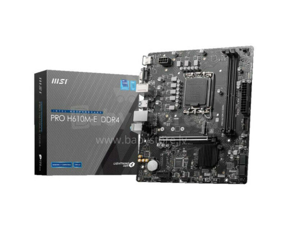 Mainboard MSI Intel H610 LGA1700 MicroATX Memory DDR4 Memory slots 2 1xPCI-Express 1x 1xPCI-Express 16x 1xM.2 1x15pin D-sub 1xHDMI 4xUSB 2.0 2xUSB 3.2 1xPS/2 1xRJ45 3xAudio port PROH610M-EDDR