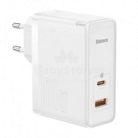 Baseus GaN5 Pro, USB-C + USB, 100 W + kabelis (balts)