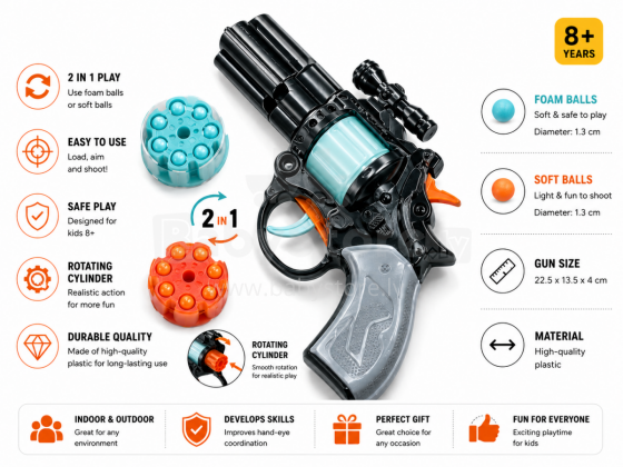I-Toys Pistol Art.172219 2-in-1 Toy Revolver Blaster with Soft Balls