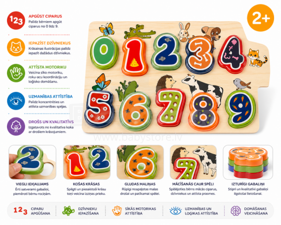 Bo Wooden Puzzle Art.227512 Dėlionė „Skaičiai ir gyvūnai“