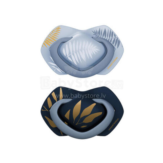 CANPOL 22/665 Raminantis silikoninis simetriškas čiulptukas 6-18 m GOLD 2 vnt mėlynas