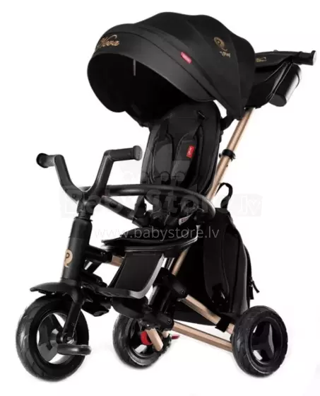 Bebe Basic Nova Gold Art.235558 Black vaikiškas triratukas su rankena, stogu ir pripučiamais ratais
