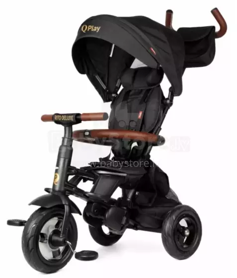 Bebe Basic Rito Deluxe Art.235606 Black vaikiškas triratukas su rankena, stogu ir pripučiamais ratais