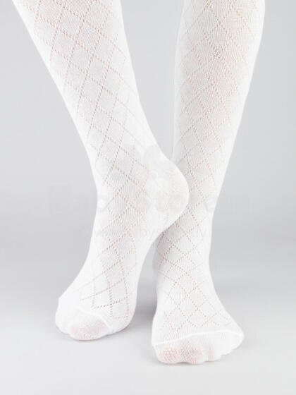 NOVITI RB010-G-01 Cotton jacquard tights, rhombus pattern, white 68/74