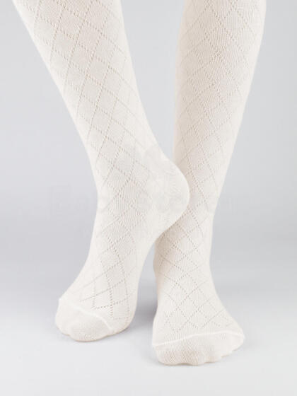 NOVITI RB010-G-02 Cotton jacquard tights, rhombus pattern, ecru 128/134